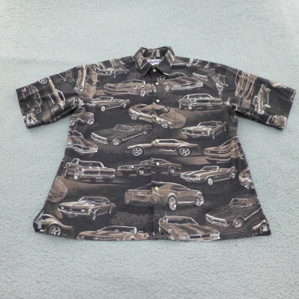 Reyn Spooner Shirt Mens Large Button Up Muscle Car Print Mustang Camaro Brown